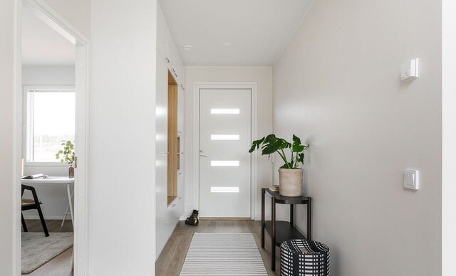 Vaaleassa eteisessä on valkoinen ovi, kasvi pöydällä, raidallinen matto ja mustavalkoinen säilytyskori.