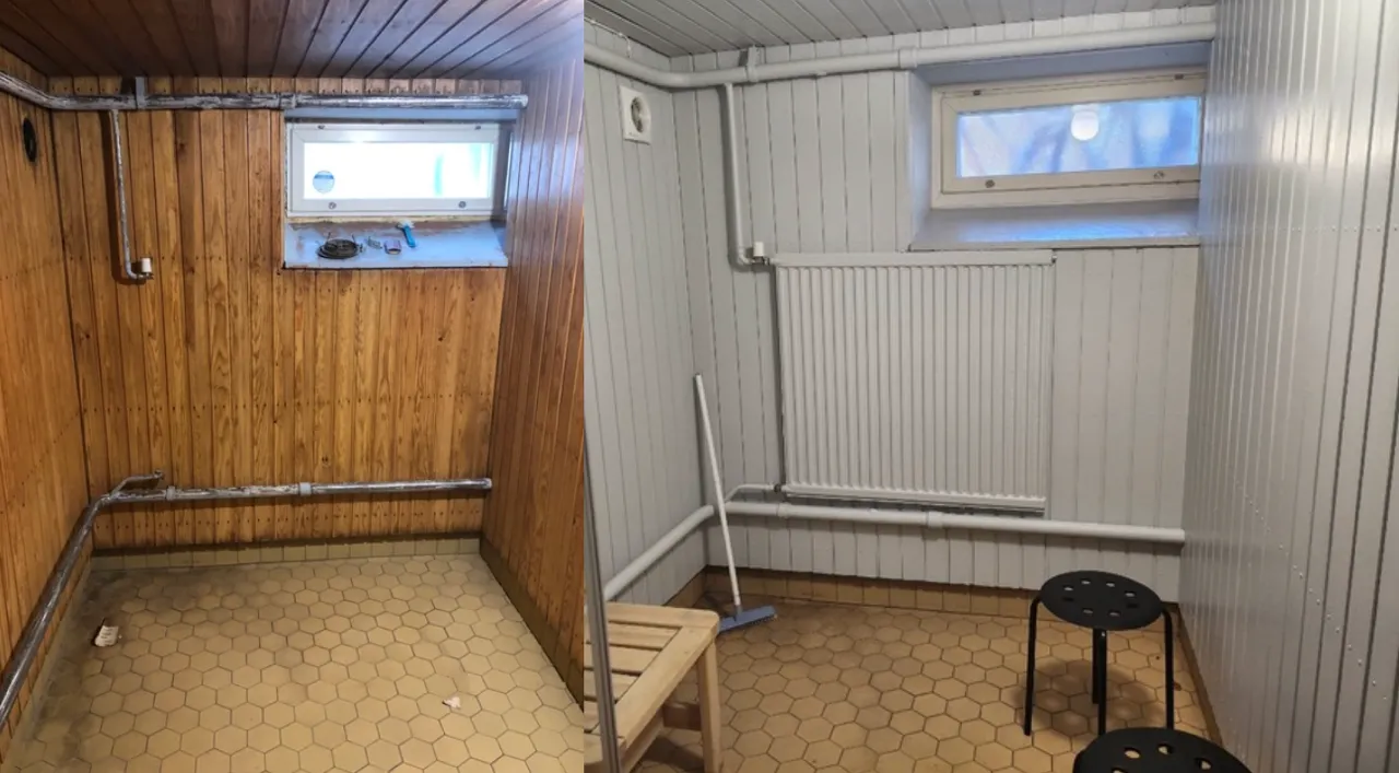 Kaksi kuvaa samasta huoneesta ennen ja jälkeen remontin, jossa puupanelointi on maalattu valkoiseksi.