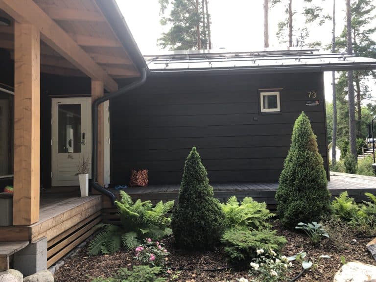 Tumman puutalon etupiha, jossa on istutuksia, kuten saniaisia ja kartionmuotoisia pensaita. Talon seinässä on pieni ikkuna ja numero 73.