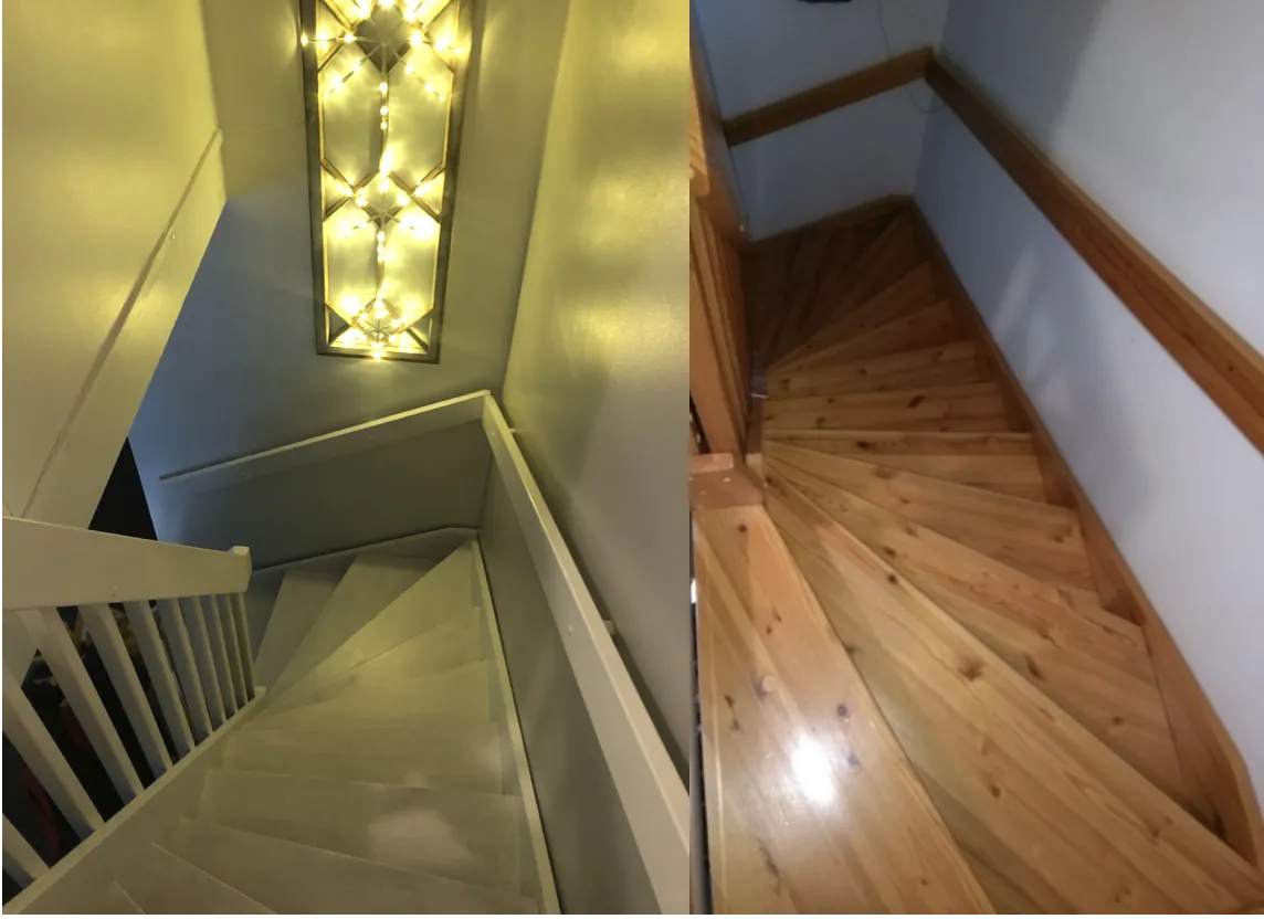 Kaksi kuvaa portaista: vasemmalla valkoiset portaat, joissa on koristeellinen valaisin yläpuolella, ja oikealla puuportaat, joissa on puinen kaide.