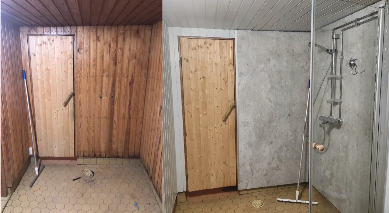 Kaksi kuvaa vierekkäin esittää saunan ennen ja jälkeen remontin, jossa tumma puu on korvattu vaalealla ja harmaalla, ja suihku on lisätty.