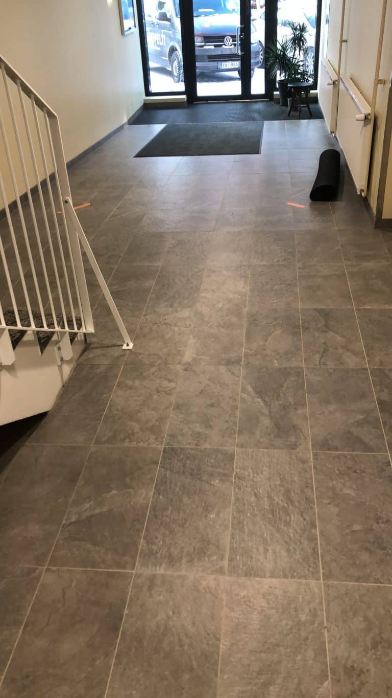 Sisätilassa on harmaat lattialaatat, valkoiset portaat ja kaiteet, sekä ulko-ovi, jonka takana näkyy auto ja kasvi.